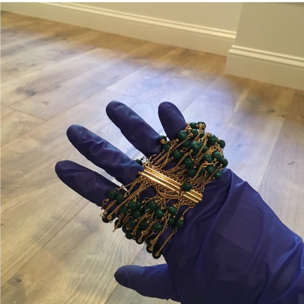 ANTHROPOLOGIE Green Gold Tone Beaded Bracelet